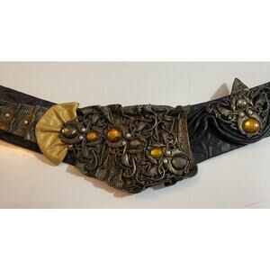 80s Nina Arjani Medium Leatherock Belt Rhinestones & Pearls Leather